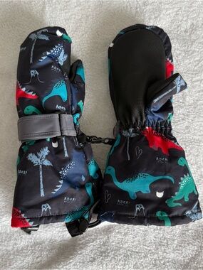 Amazon Kids Black Mittens with Teal & Red Dinosaur Print